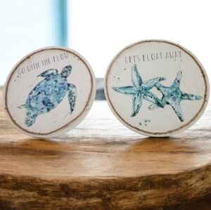 Lets Float Away Starfish & Sea Turtle Round Canvas Wall Decor